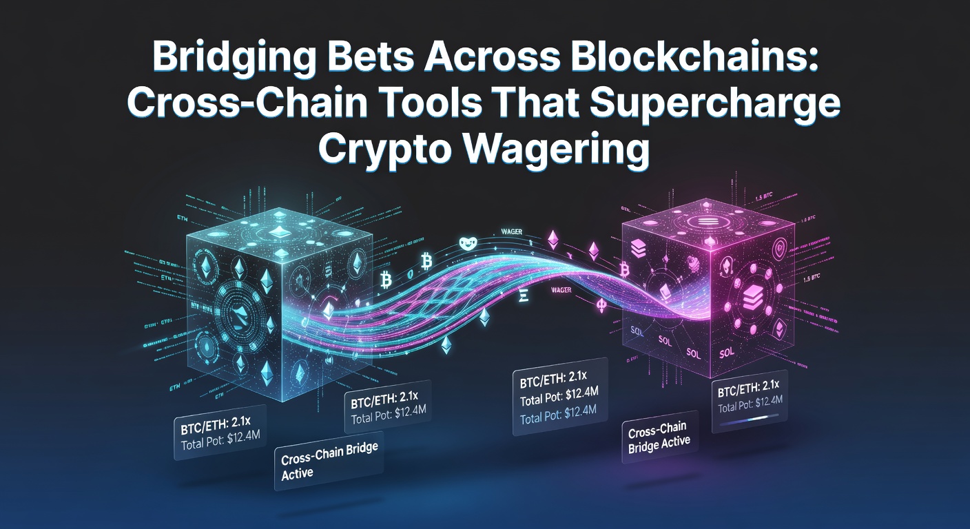 Grafik einer Blockchain-Brücke, die Assets zwischen Ethereum und Solana verbindet, mit Wettplattformen im Hintergrund