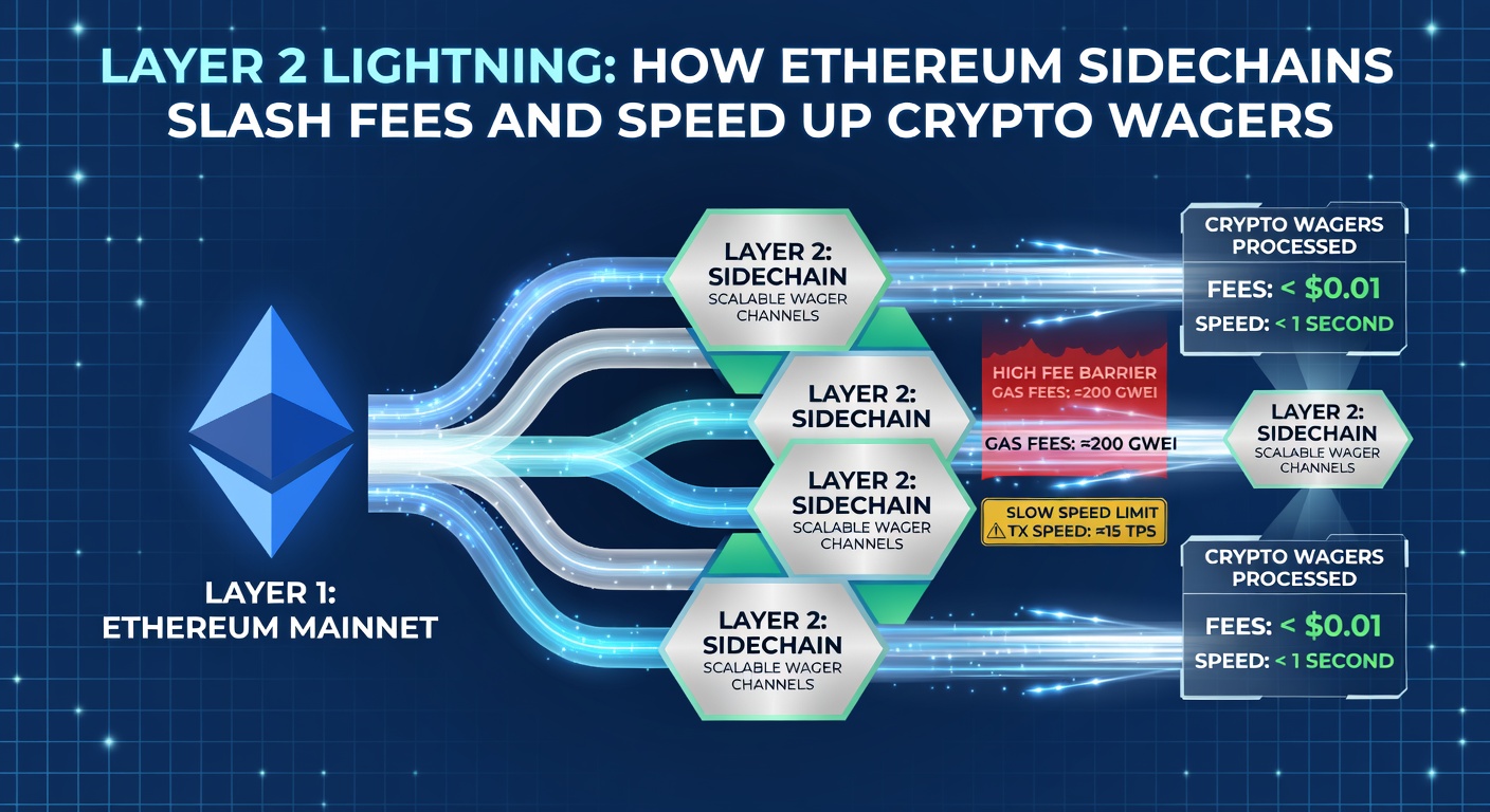 Grafik einer Ethereum-Blockchain mit Layer-2-Sidechains, die Transaktionen wie Blitze beschleunigen und Gebühren minimieren