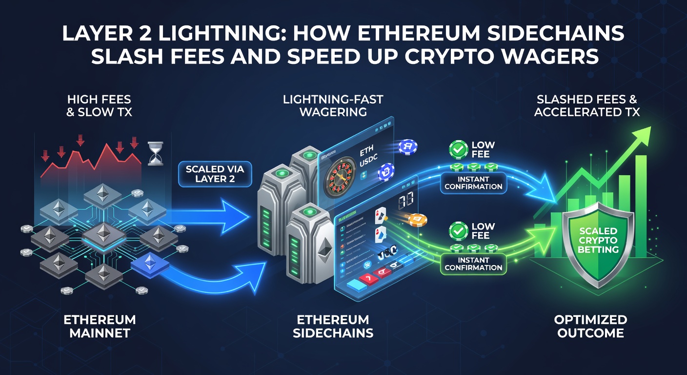Diagramm, das Layer-2-Transaktionen auf Ethereum-Sidechains zeigt, mit Pfeilen für schnelle Fees-Reduktion und Geschwindigkeitsboost in Crypto-Wetting-Szenarien